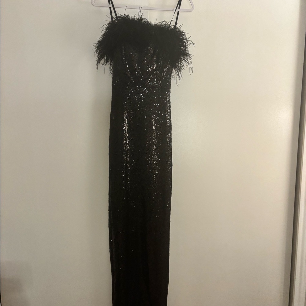 B Darlin Black Sequin Strapless Feather Trim Gown